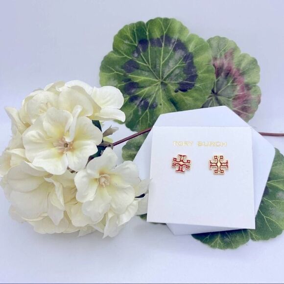New Tory Burch Gold Logo Kira Red Outline Stud Earrings - Picture 3 of 7